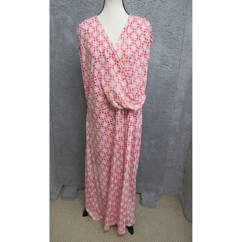 Lands End Dress Women 2X Red Pink Geometric Print Stretch Resort Colorful Casual